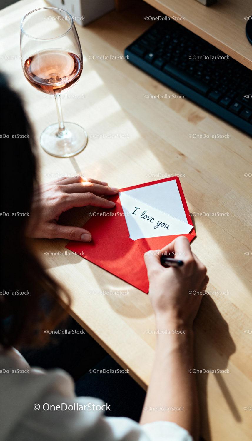 Writing a heartfelt love note with wine on desk