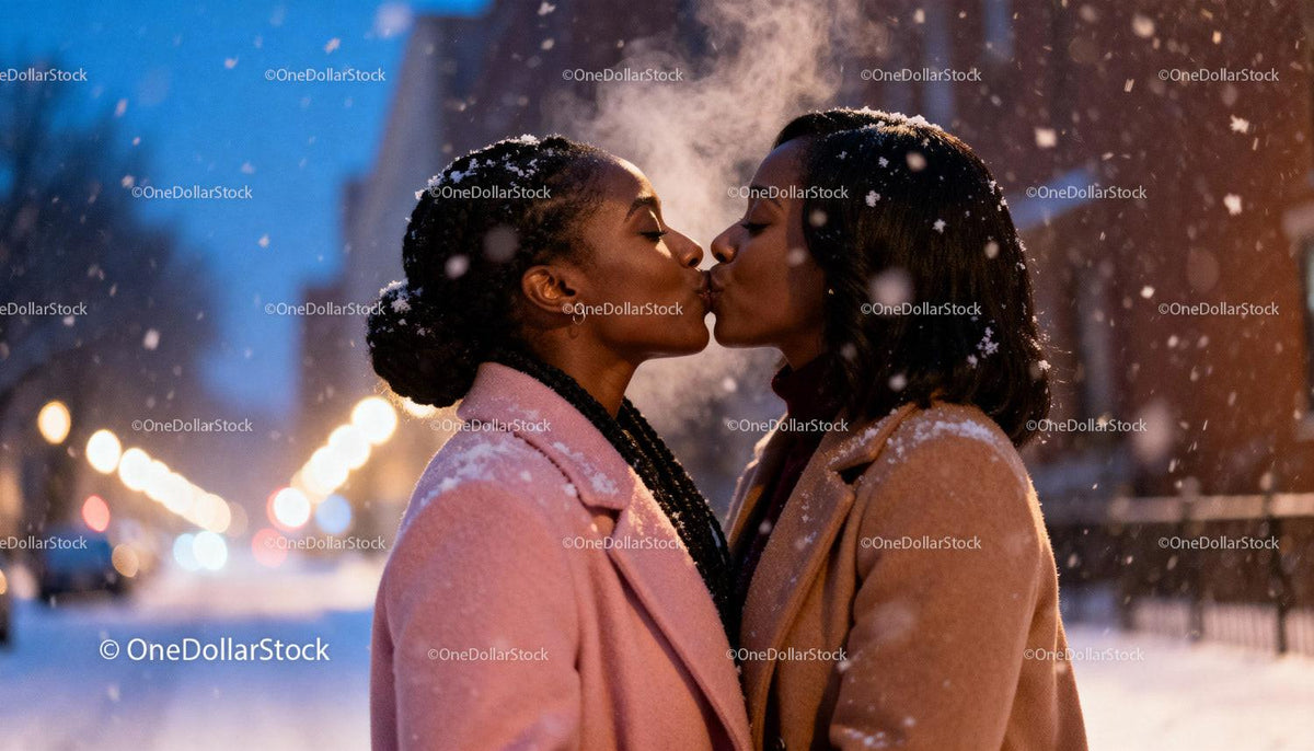Couple Sharing a Romantic Kiss in Snowy Evening