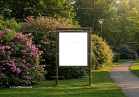 Blank Signboard in Blooming Garden Pathway