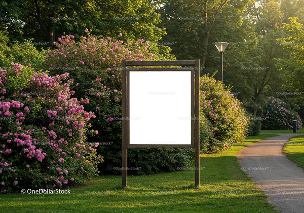 Blank Signboard in Blooming Garden Pathway JPG Mockup Image