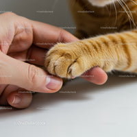 Human hand gently holding a cat's paw in close-up