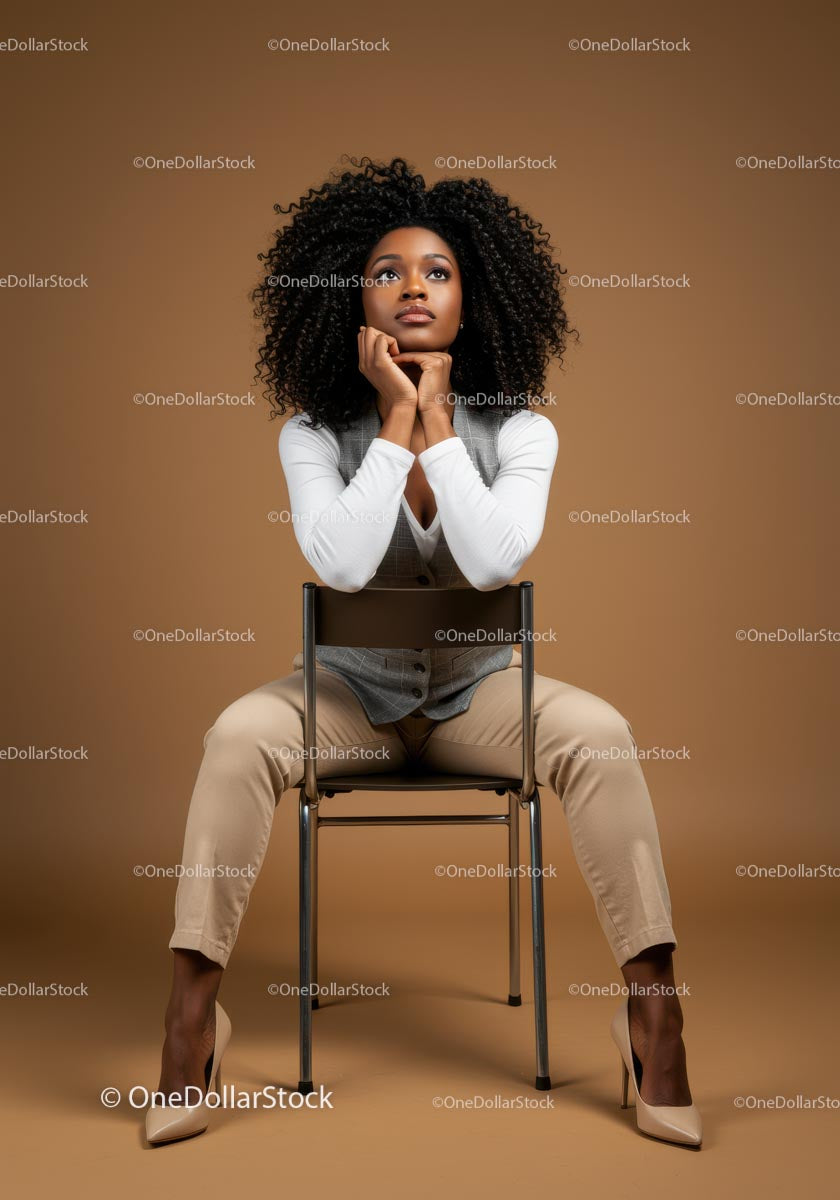Stylish Confident Woman Sitting on Chair in Modern Studio