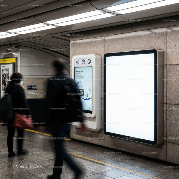 Commuters passing digital advertising screens in subway station JPG Mockup Image