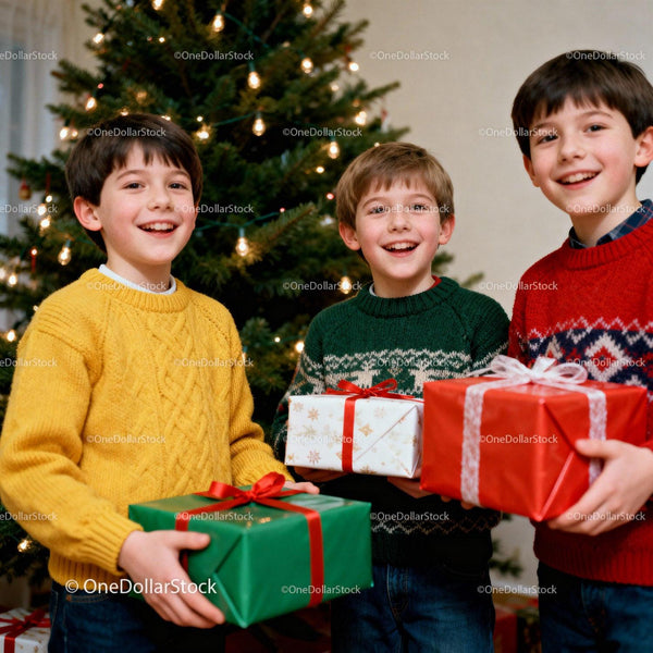 Three boys exchanging Christmas gifts by decorated tree