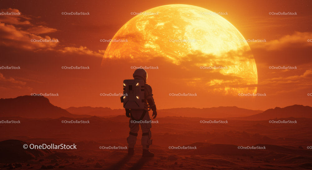 Astronauta badający obcy krajobraz Marsa z pięknym widokiem na zachód słońca