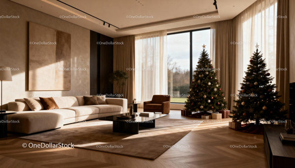 Przytulny salon z eleganckimi choinkami i naturalnym światłem