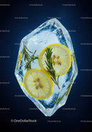 Frozen lemon slices and rosemary sprigs in clear ice block