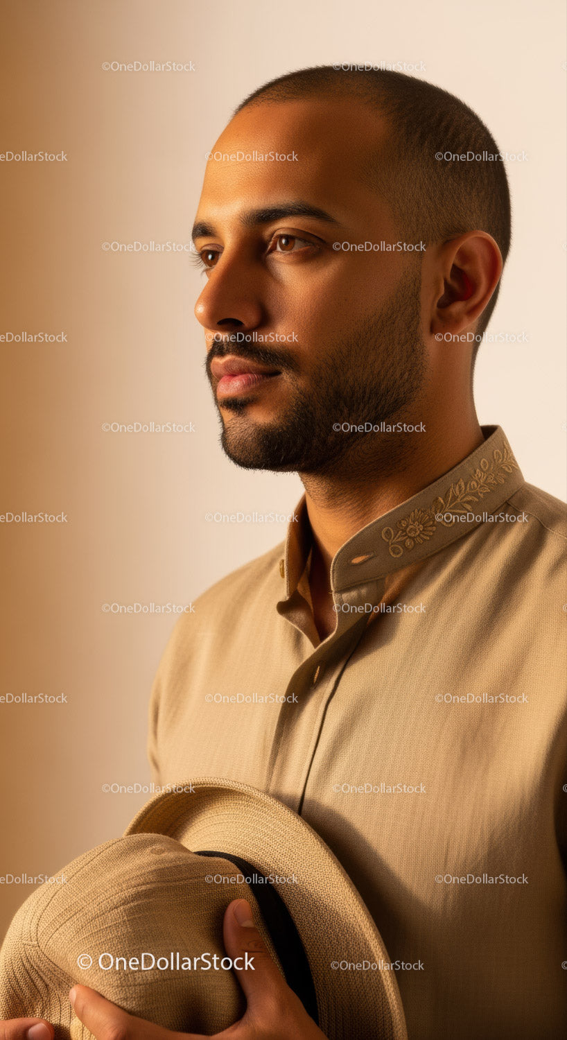 Portrait of a Stylish Man in Classic Beige Outfits Holding a Straw Hat