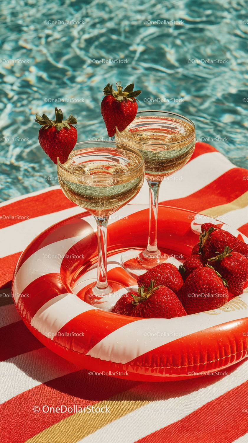 Strawberry cocktails on poolside with striped towel and water backdrop