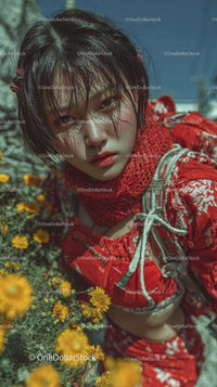 Young Woman with Wet Hair in Red Floral Outfit Surrounded by Yellow Flowers