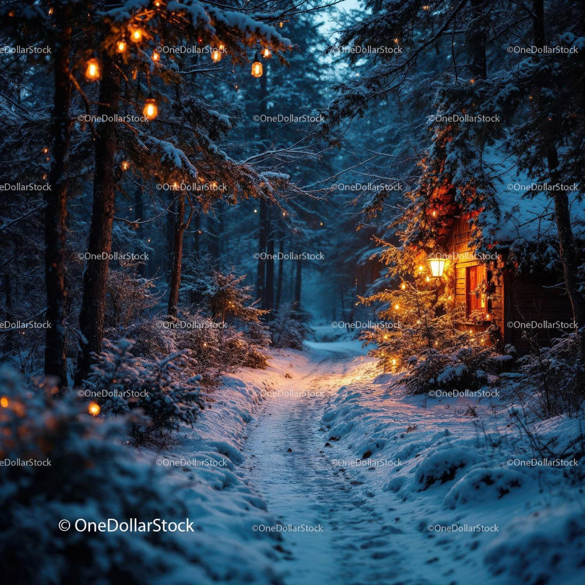 Cozy cabin glowing warmly on snowy forest path