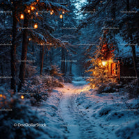 Cozy cabin glowing warmly on snowy forest path