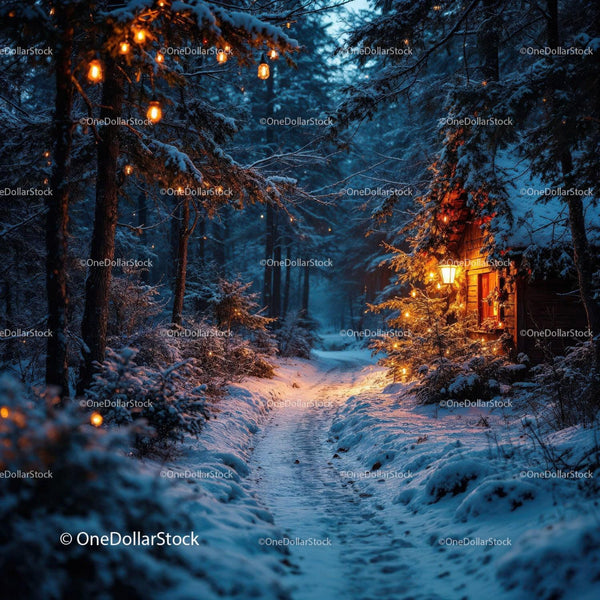 Cozy cabin glowing warmly on snowy forest path