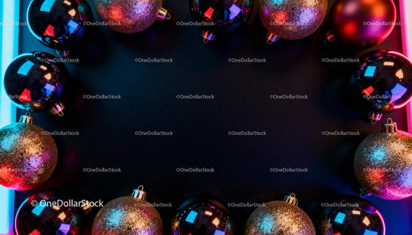 Festive Christmas ornaments glowing with colorful neon light