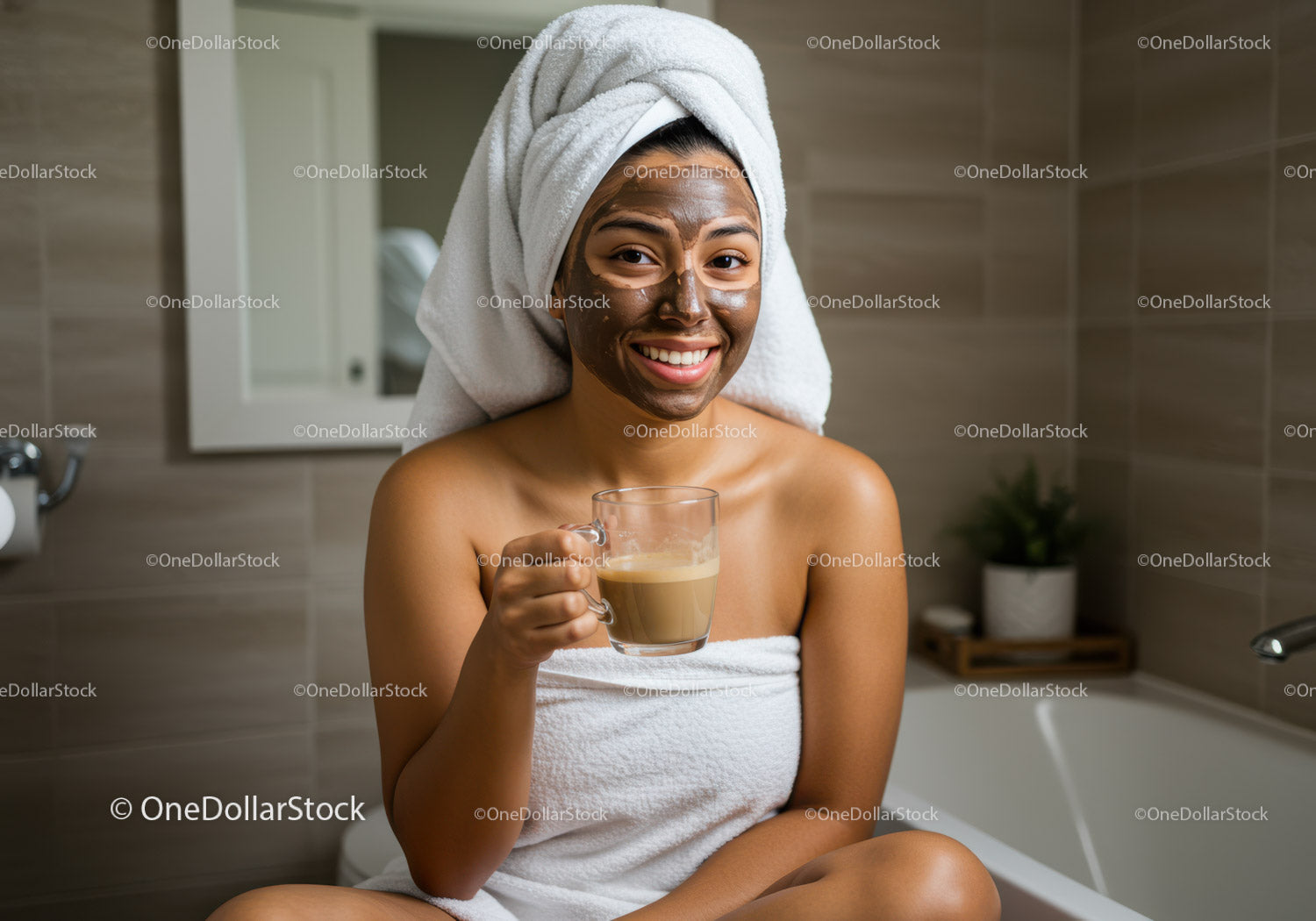 Happy Woman with Facial Mask Drinking Coffee in Bathroom