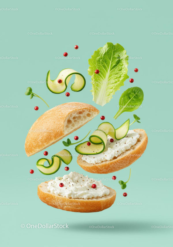 Fresh sandwich ingredients floating with creamy spread