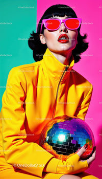 Fashionable Woman in Yellow Windbreaker Holding Disco Ball with Colorful Background