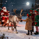 Santa Claus with Children and Reindeer by Campfire at Night