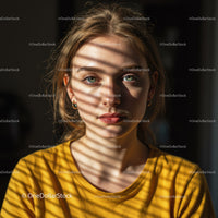 Close-up Portrait of a Young Woman with Striped Shadows and Blue Eyes