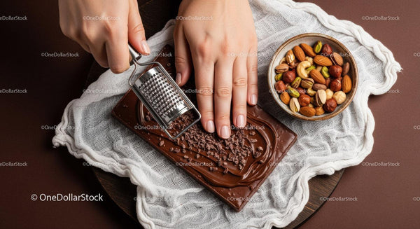 Chocolate Bar with Nuts and Freshly Grated Cocoa Nibs on Wooden Tray
