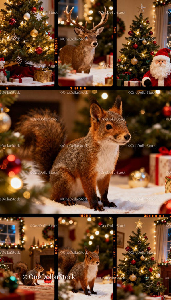 Cozy Christmas Setting with Squirrel and Festive Decor
