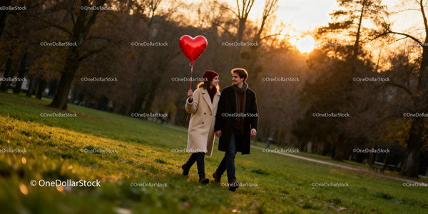 Couple Walking in Park Holding Heart Shaped Balloon