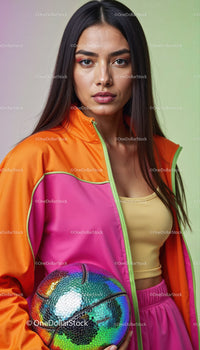 Vibrant Fashion Portrait of Woman Holding Basketball in Sporty Outfit