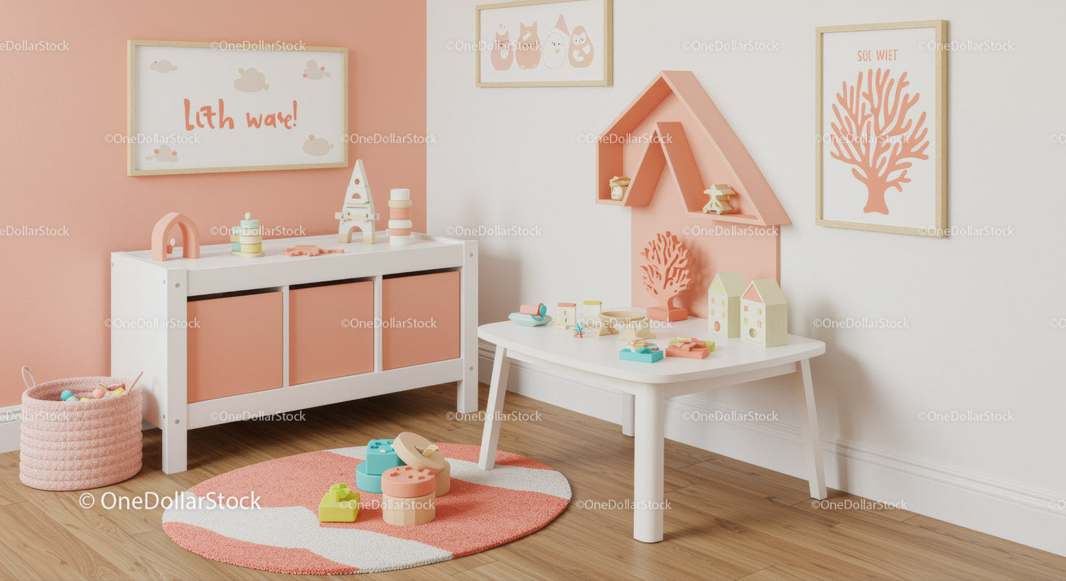 Stylish Children's Room with Pink and White Decor and Wooden Toys