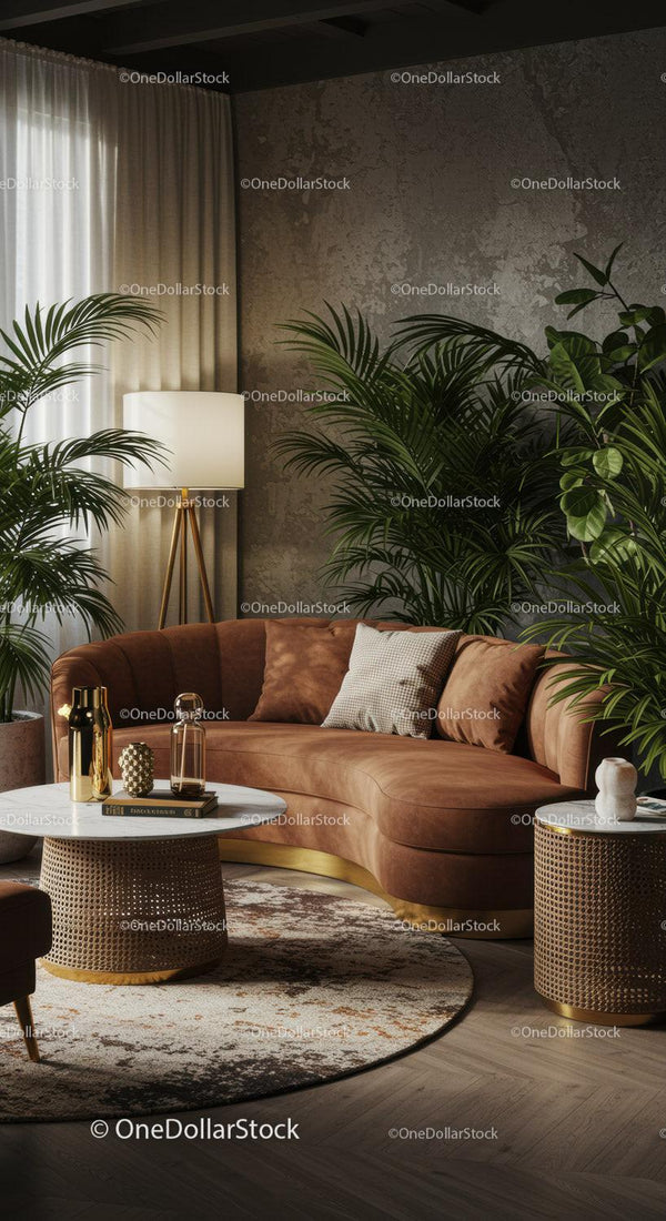 Cozy Curved Sofa with Green Plants in Modern Living Room