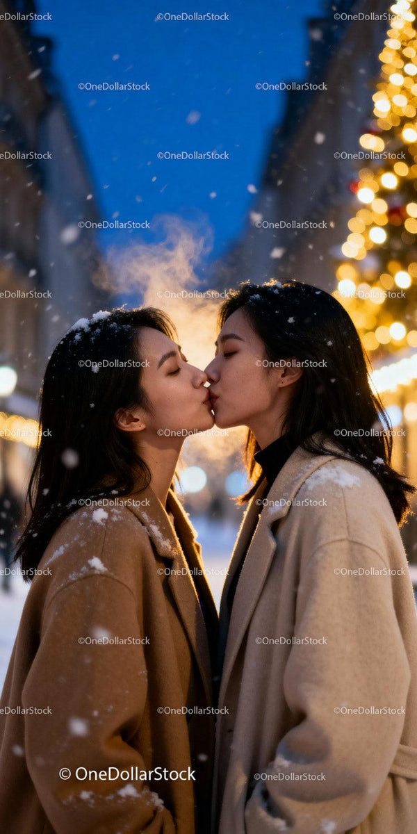 Couple sharing a tender kiss on snowy evening