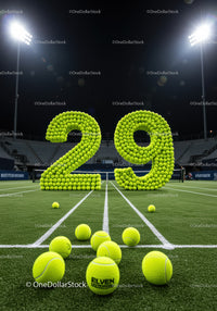Tennis balls forming number 29 on illuminated court