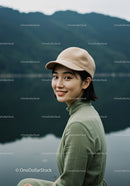 Serene Young Woman Sitting by Mountain Lake in Casual Outfit