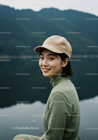 Serene Young Woman Sitting by Mountain Lake in Casual Outfit