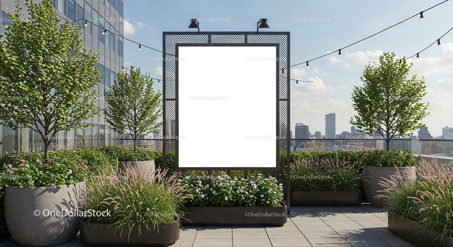 Urban rooftop garden with blank advertising billboard