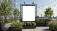 Urban rooftop garden with blank advertising billboard