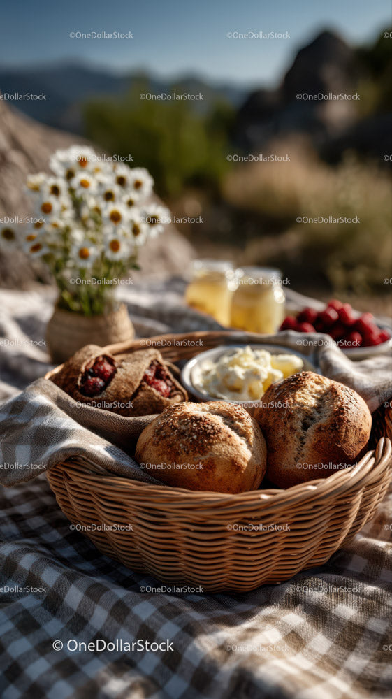 Fresh Baked Bread Basket with Jam and Cream in Countryside Setting