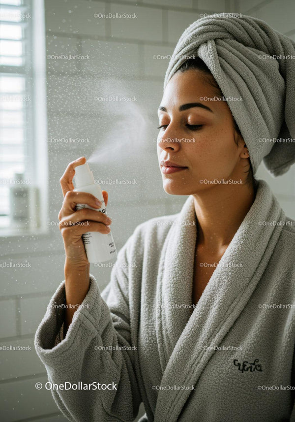 Woman Spraying Facial Mist in Cozy Bathroom Setting