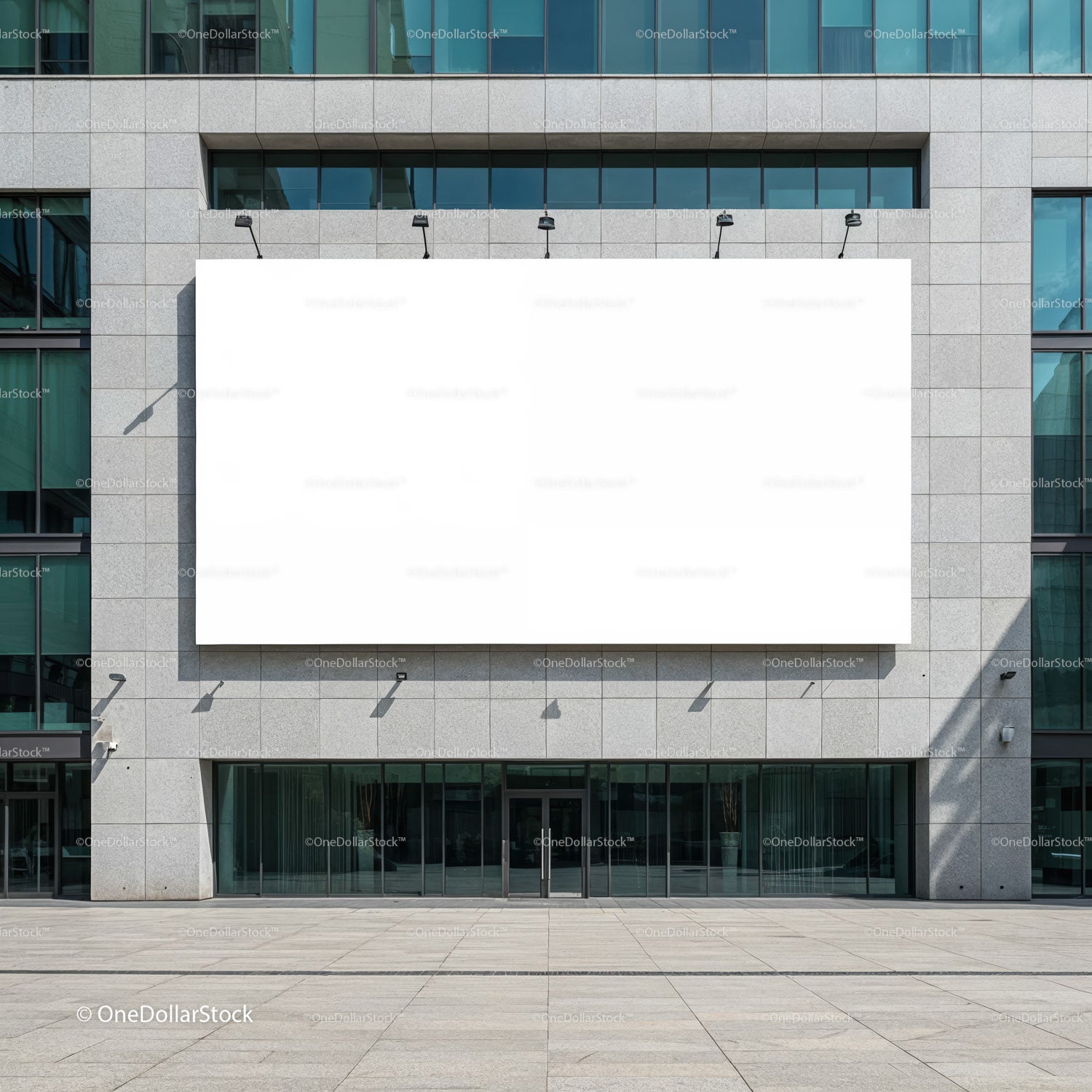 Empty white billboard on modern office building facade