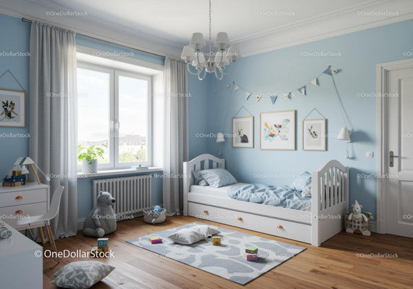 Bright Children's Bedroom with Blue Walls and Playful Decor