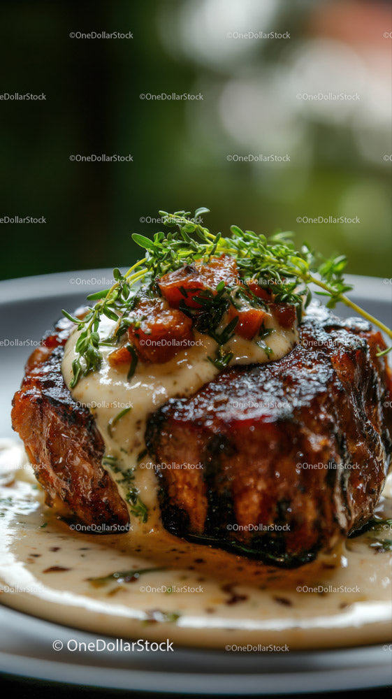 Gourmet Juicy Beef Steak with Herb Sauce and Garnish