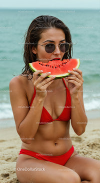 Young Woman Enjoying Watermelon at the Beach in Red Bikini