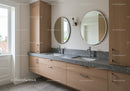Contemporary Bathroom with Wooden Cabinets and Round Mirrors
