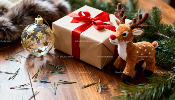 Festive Gift Box with Reindeer Toy and Christmas Ornament