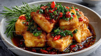 Crispy Fried Tofu with Spicy Chili Dipping Sauce and Fresh Herbs