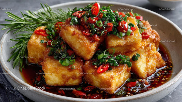 Crispy Fried Tofu with Spicy Chili Dipping Sauce and Fresh Herbs