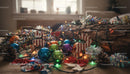 Colorful Christmas decorations spread on wooden surface