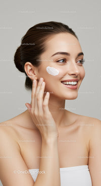 Smiling Woman Applying Skincare Cream with Youthful Skin