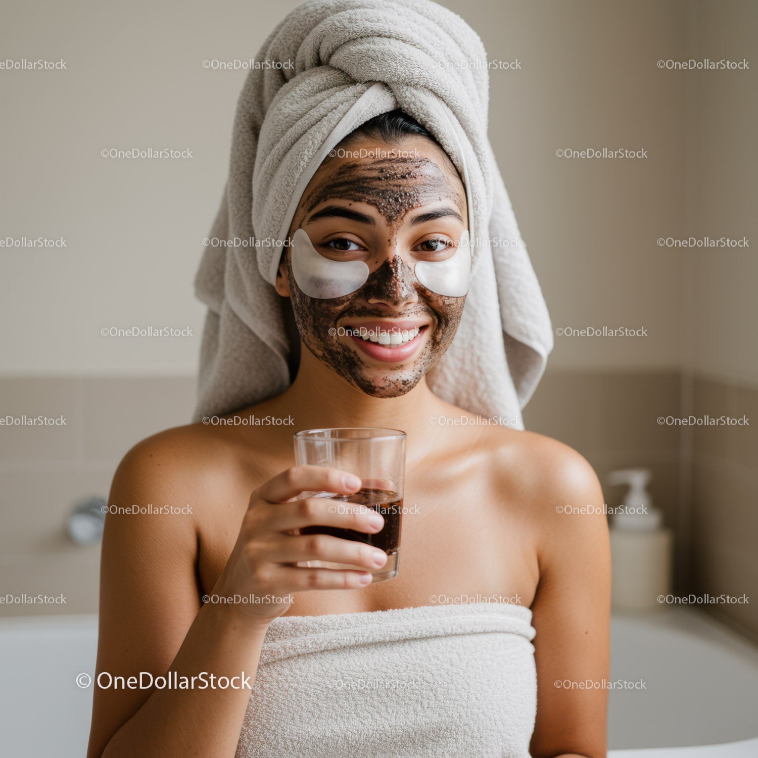 Young Woman Relaxing with Facial Mask and Towel Wrap in Spa Setting