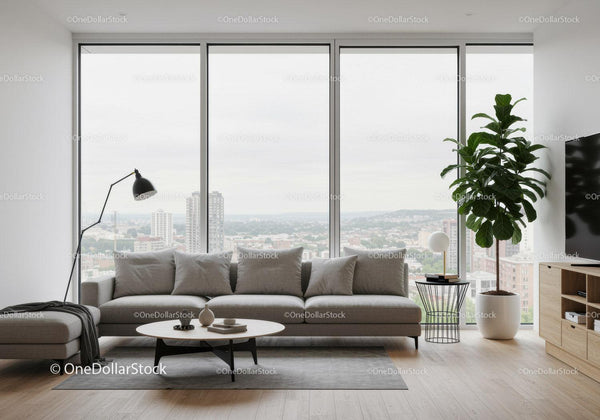 Modern Living Room with City View Featuring Grey Sofa and Indoor Plant