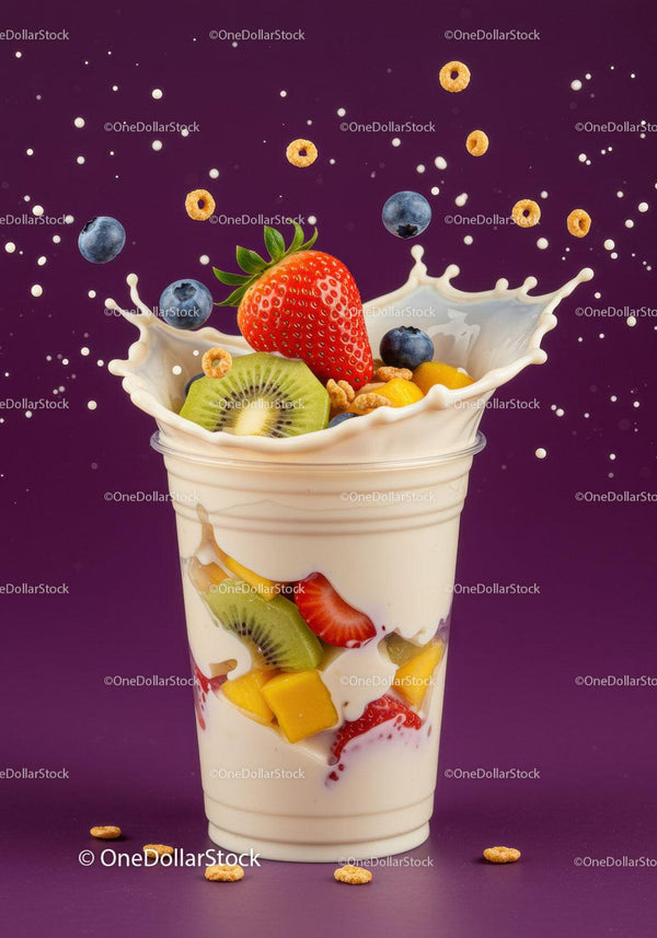 Energiczny Splash Jogurtu z Świeżymi Owocami i Płatkami Cerealnymi